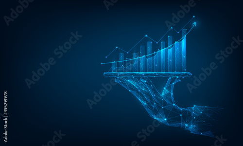 businessman hand holding tablet showing graph growth stock. finance forex trading technology. Economy trends investment concept. vector illustration digital design. isolated on blue dark background.