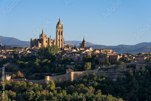 View of the city and St Mary Cathedral of segovia at sunset, listed world Heritage centre by UNESCO