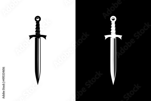 Medieval Black Sword Knight. Knife Blade Silhouette logo design vector 