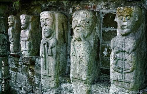 Celtic Christian monastic carvings of saints monks on White Island, Lower Lough Erne, near Enniskillen, Co. Fermanagh, Ireland.