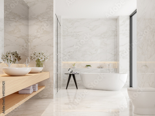 Modern luxury bathroom with white marble 3d render,decorated with wooden sink counter