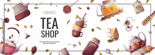Flyer design with teapots, jar of loose tea, teacups. Tea shop, break, cafe-bar, tea lover, tea party, beverages concept. Vector illustration for poster, banner, flyer, menu, advertising. 