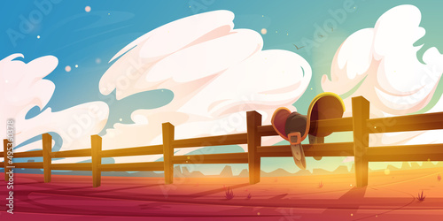 Horse saddle hanging on wooden ranch fence at wild west landscape. Cartoon background with desert land, cloudy sky, red dry ground. Mexican or american farm with cowboy equipment, Vector illustration