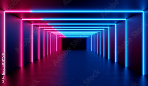 3D Rendering : illustration of darkroom with glowing neon laser light. pink and blue tunnel sci-fi room. Abstract Futuristic Sci Fi tunnel Room