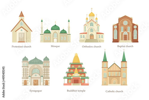 Vector set of illustrations of churches of different religious denominations. Religious architectural building.