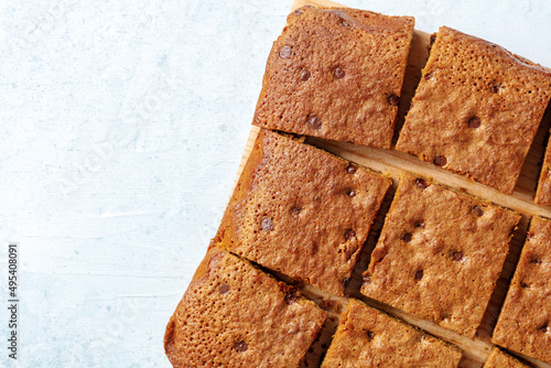 Blondie brownie dessert bars with chocolate chips, shot from the top with a place for text