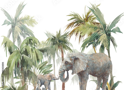 Tropical forest and elephant family wall art. Watercolor wallpaper greenery design. Palm trees jungle scene. Hand painted background