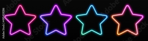 Gradient neon star frames set. Glowing borders isolated on a dark background. Colorful night banner, vector light effect. Bright illuminated shape.