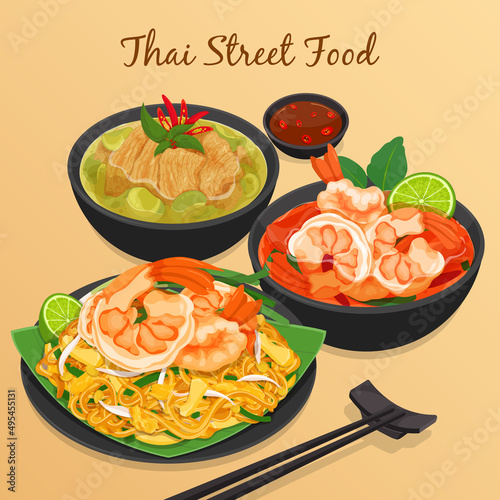 Thai street food restaurant menu illustration vector. (Tom Yum Kung, Tom Yum Goong, Pad Kra Pao, Kra Pow Kai, Keang Keaw Wan Kai, Pad Thai)