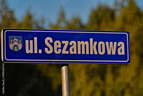 Tablica z nazwą ulicy ( ulica Sezamkowa ) w Ostrowcu Świętokrzyskim , na tle lasu i nieba.