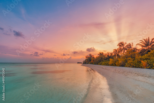 Island palm tree sea sand beach. Sunset beach landscape. Inspire tropical beach seascape horizon. Colorful sunrise rays sky beautiful calm tranquil relax summer tropical coast. Vacation travel holiday