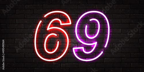Vector realistic isolated neon sign of 69 number logo on the wall background.