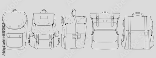 Set of backpack outline drawing vector, set of Backpack in a sketch style, trainers template outline, vector Illustration. 