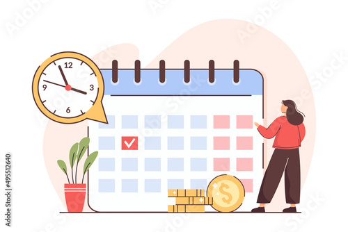 Flat personal financial bill payment calendar. Woman check pay schedule or payroll. Tax, loan, deadline debt or income due date concept. Payday in time for employee. Monthly budget or salary planning.
