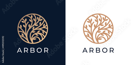 Floral nature logo. Abstract tree icon design. Arbor garden plant symbol. Natural branch leaf symbol. Vector illustration.