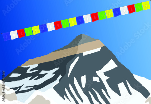 mount Everest with prayer flags as seen from gokyo, vector illustration, Mt Everest 8,848 m, Khumbu valley, Sagarmatha national park, Nepal Himalayas mountains