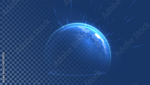 Protection shield effect im futuristic light style. Bubble shield in an abstract glowing style. Element or template for text isolated on a blue background. Vector illustration on a blue background.