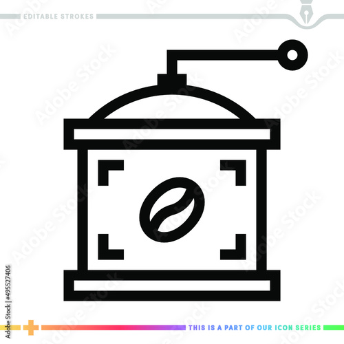 Line icon for coffee milling machine illustrations with editable strokes. This vector graphic has customizable stroke width.