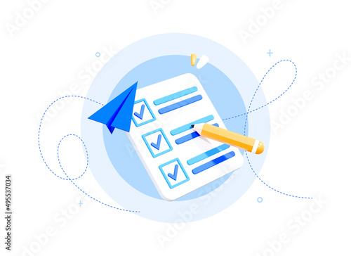 3D Checklist or task list with completed business assignments. Test or exam with correct answers and check mark. Realistic elements. Isolated illustration. 3D Rendering