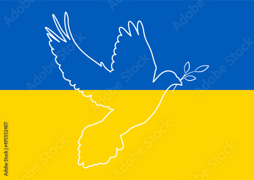 Kontury wzlatującego gołąbka pokoju na tle flagi Ukrainy. Symbol pokoju. Stop wojnie. Wsparcie dla Ukrainy. Ilustracja wektorowa niebieska i żółta.