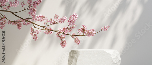Cosmetic background. nature light stone podium and cherry blossom white background. for branding and product presentation. 3d rendering illustration.