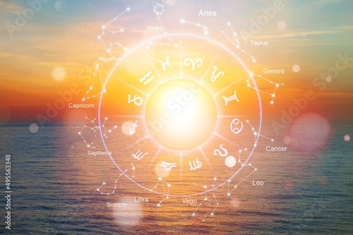 Zodiac signs inside of horoscope circle astrology and horoscopes concept on background