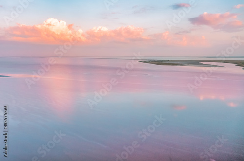 Amazing aerial view of the pink lake at sunset, beautiful landscape, juicy multi-colored colors