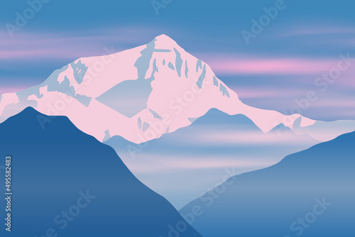 Fantasy on the theme of the mountain landscape. Vector drawing of Mount Everest.