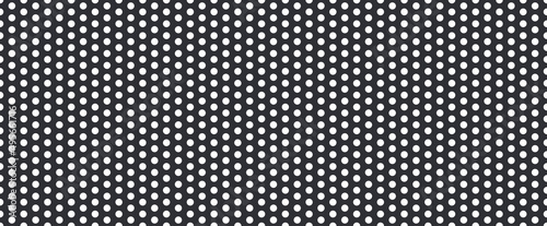 Metal mesh. Pattern of perforated metal. Black mesh texture. Perforated steel. Circle hole in steel plate. Iron sieve. Seamless background. Vector