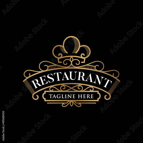 Vintage gold line art restaurant logo and badge template