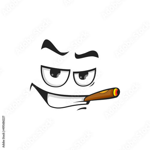 Cartoon smoking face, vector character with cigar in mouth. Self confident smoker personage with toothy smiling and squint eyes. Mafia or gigolo grin