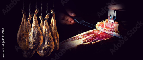Diseño o collage de jamón de bellota o jamón ibérico. Cortando jamón ibérico. Jamón español y comida tradicional.