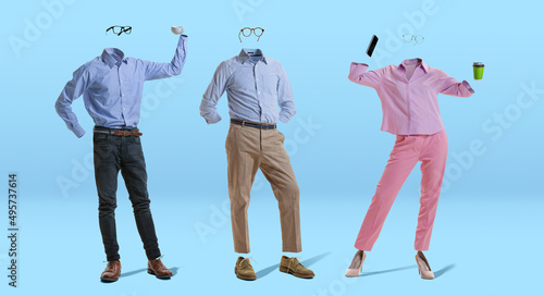 Three stylish invisible persons wearing modern business style outfits and eyeglasses standing against blue background. Concept of fashion, style