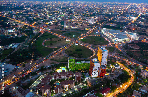 Aerial shot of the city of Accra in Ghana at night