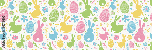Easter pattern with decorative eggs, bunnies and flowers. Wallpaper or wrapping paper concept. Banner. Vector