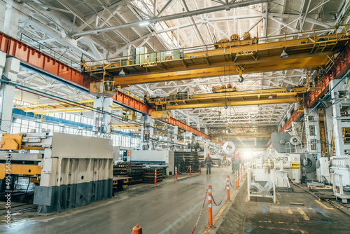 Interior of modern big industrial factory building inside.