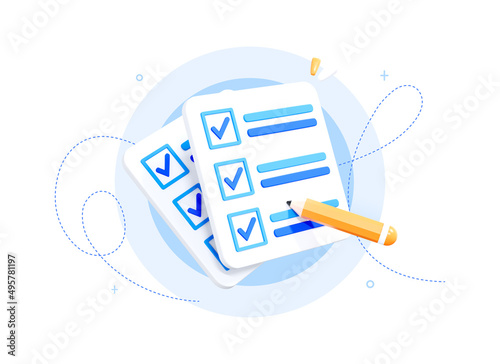 3D Notes with Check mark. Completed task list or checklist. Paper document or report with pencil. Realistic elements iIsolated on white background illustration. 3D Rendering