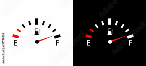 Fuel gauge for car. Full and empty tank for car. Dashboard gauge fuel. Gauge level gasoline. Meter level gas for car. Vector