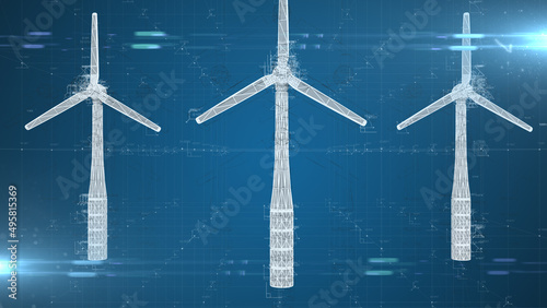 Wind turbine windmill alternative renewable energy engineering design schematic blueprint wire frame - Illustration Rendering