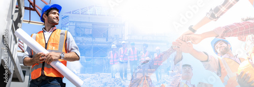 Double exposure of team construction engineer with abstract bokeh backgrounds, use for banner cover.Multi-ethnic civil engineering group clasping hands unite same goal Handsome Middle Eastern worker.