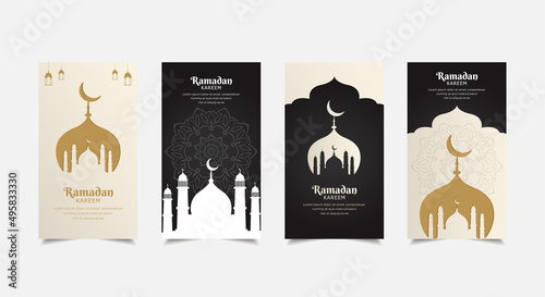 Black and White Ramadhan kareem design Stories Collection. Ramadhan kareem template stories suitable for promotion, marketing etc. Elegant ramadan kareem background with crescent moon and mosque