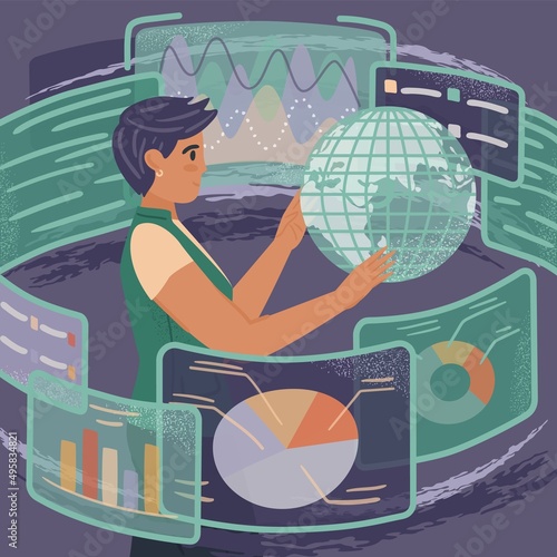 Lesbian woman works with virtual reality screens. Female engineer and data analytic. Diversity and Break the science bias concept vector illustration. Women in tech. Business innovative technologies