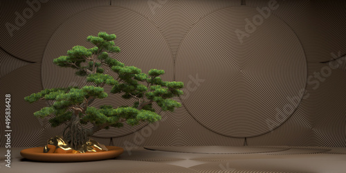 bonsai tree and gold stone on a brown background. 3d rendering