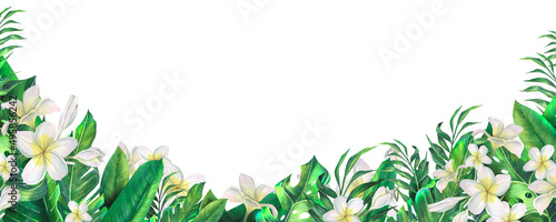 Watercolor illustration of a border with tropical leaves, plumeria flowers. Beach, wedding, summer, exotic. For menus, postcard design, invitations, presentations, information boards.