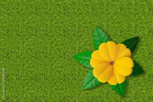 Illustrazione 3D. Primavera, estate. Fiori, fiore su prato verde texture. Sfondo campo di erba con fiori colorati.