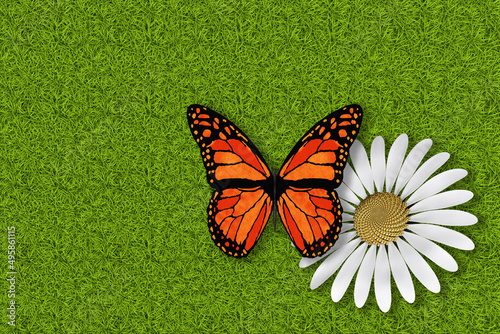 Illustrazione 3D. Primavera, estate. Fiori e farfalle su prato verde texture. Sfondo campo di erba con fiori colorati e farfalle.