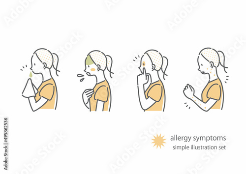 体調不良の症状アイコンセット アレルギー 女性 シンプルでお洒落な線画イラスト