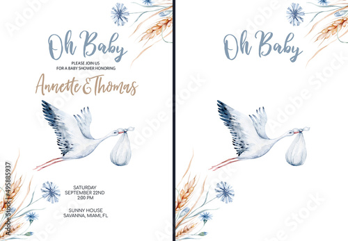Watercolor stork bird and wildflowers with poppy, cornflower chamomile, rye and wheat spikelets . Wedding and baby shower invitation