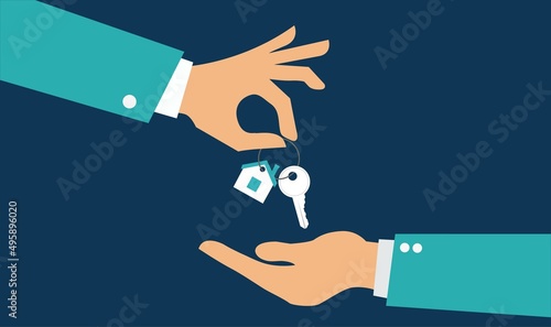 Vector real estate concept in flat style - hands giving keys - sell house
