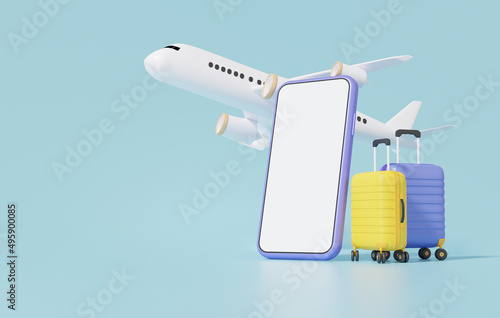 Suitcase and flight plane. travel online booking service on mobile.Tourism trip planning world tour, leisure touring holiday summer concept. banner, 3d render illustration